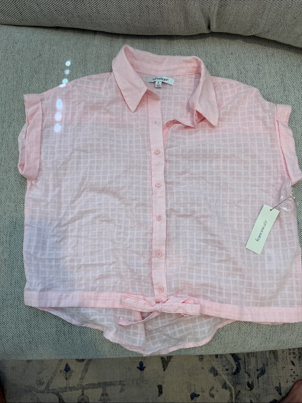 Francesca's Collections Pale Pink Sheer Tie-Hem Button-Up Top